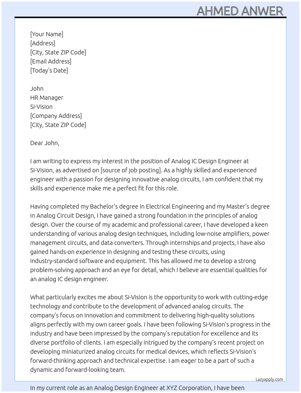 Analog IC design Engineer  At Si-Vision  Cover Letter