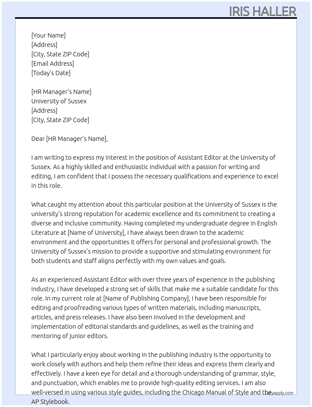 Assistant Editor  At university of sussex  Cover Letter
