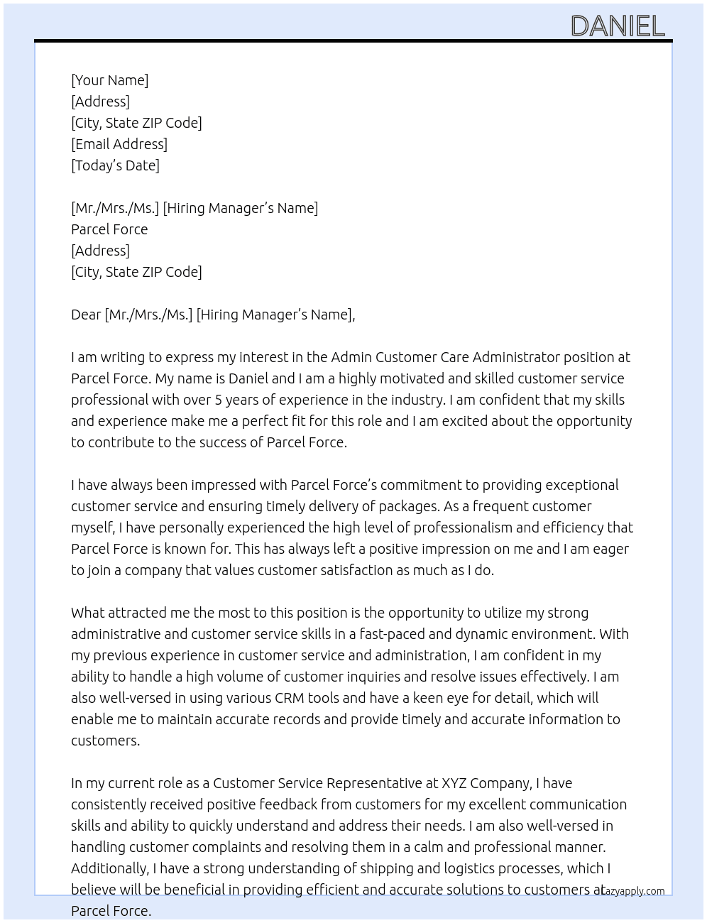 Admin customer care administrator  At Parcel Force  Cover Letter