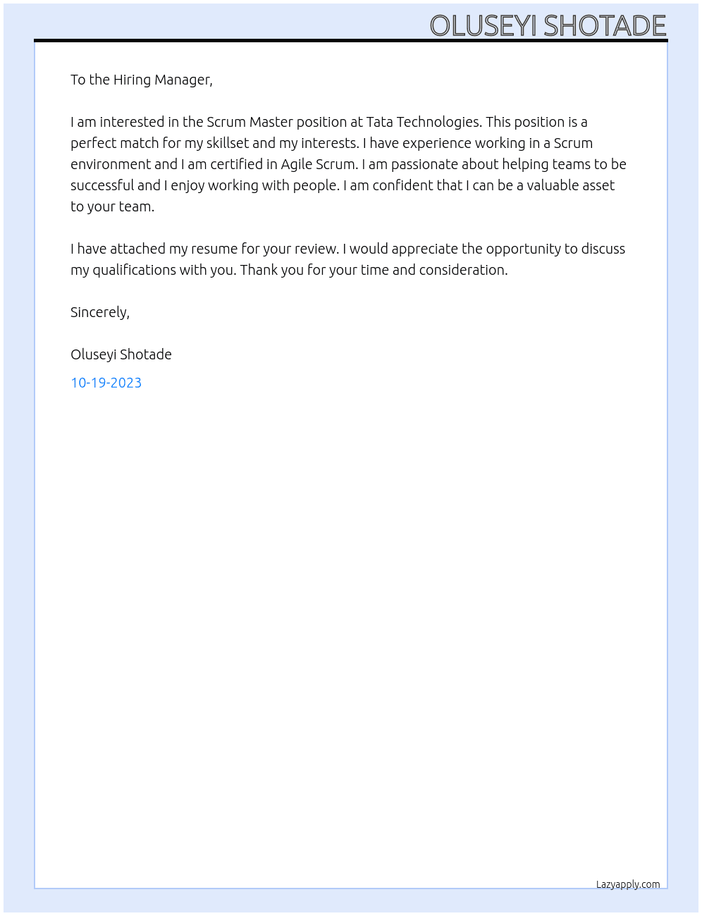 Scrum Master At Tata Technologies Cover Letter