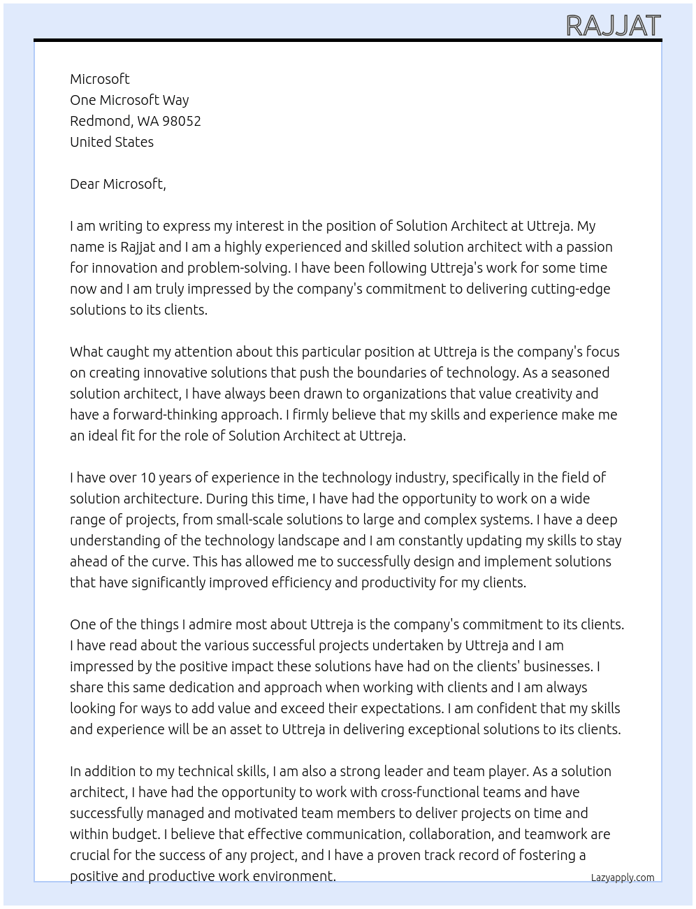 Solution architect At Uttreja Cover Letter
