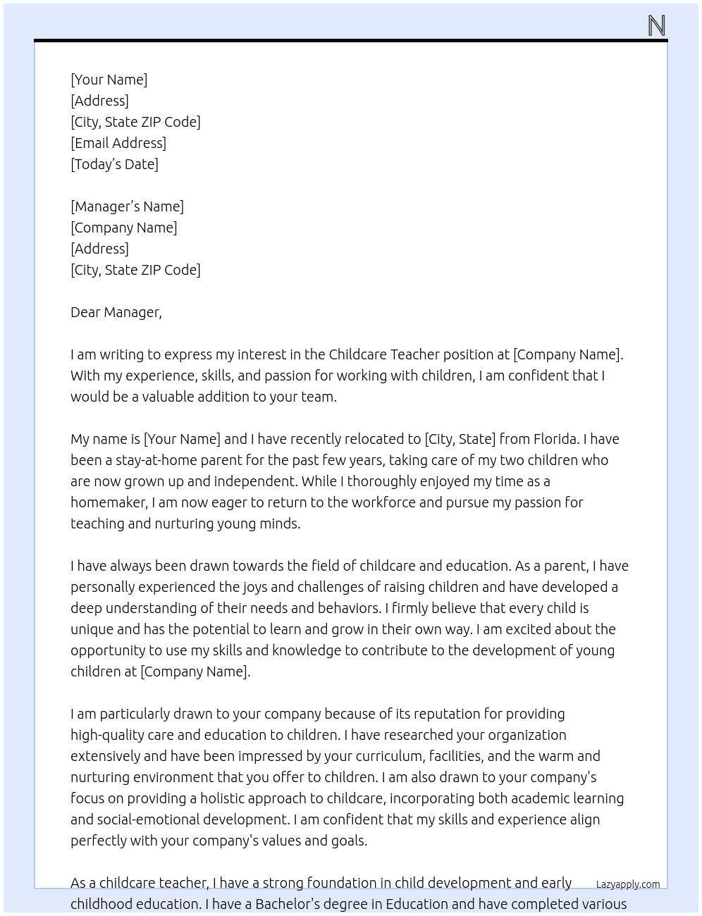 Childcare teacher At Childcare Cover Letter