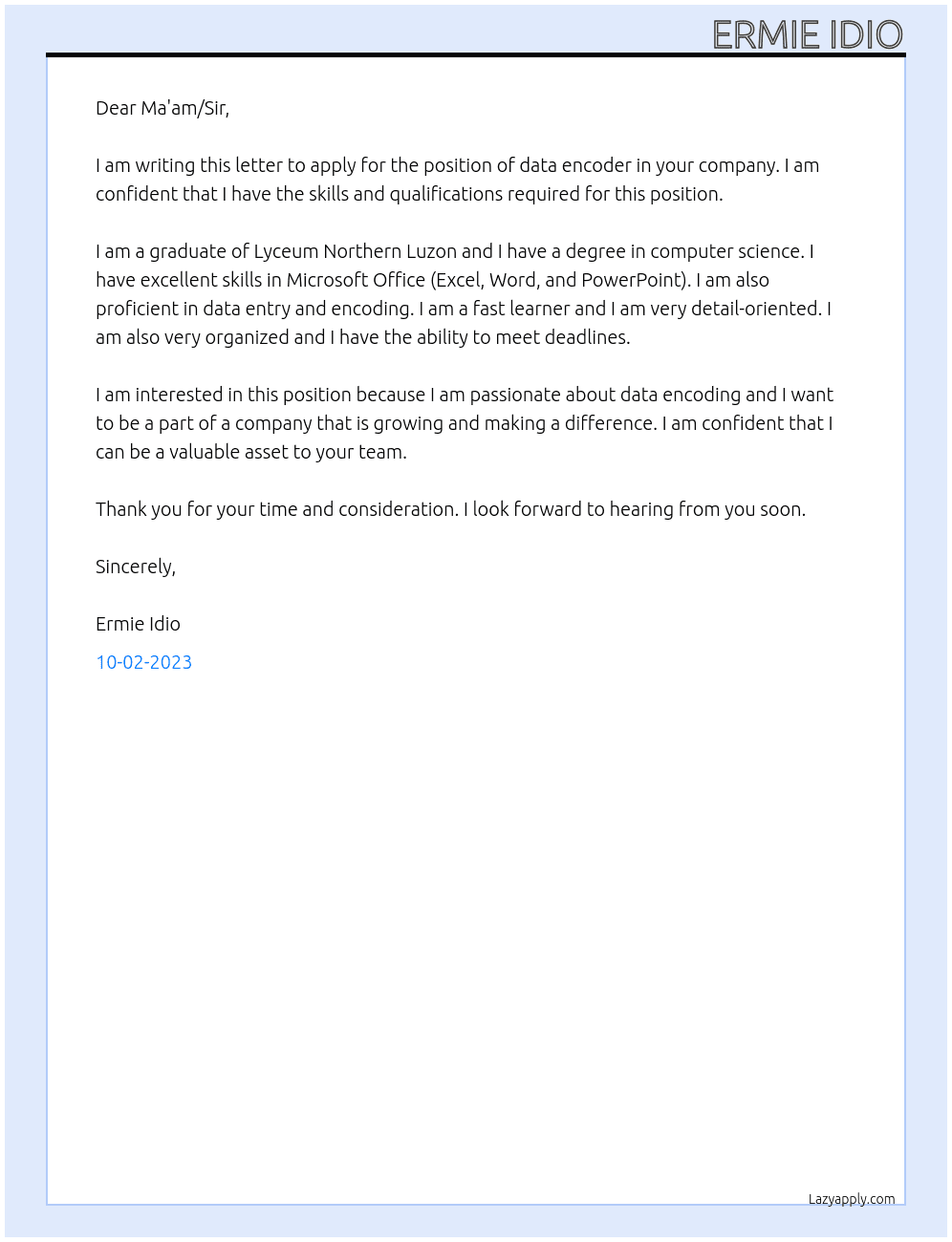 data encoder At Lyceum Northern Luzon Cover Letter