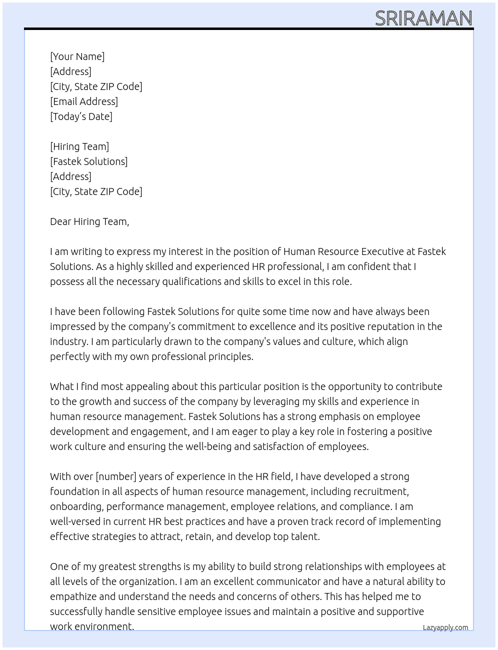 Human Resource Executive At Fastek Solutions Cover Letter