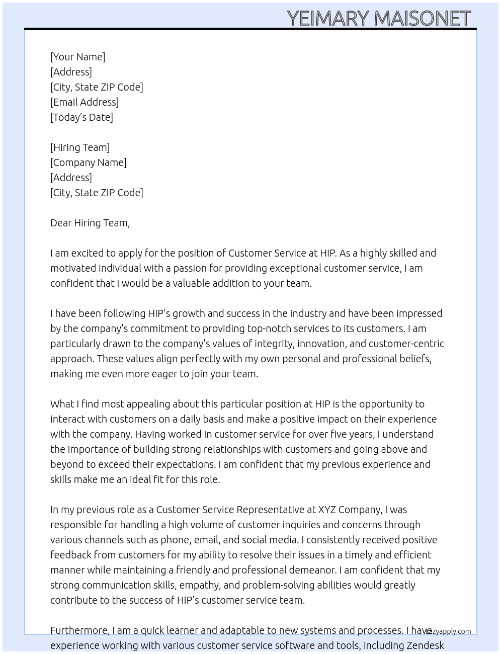 Customer service  At HIP Cover Letter