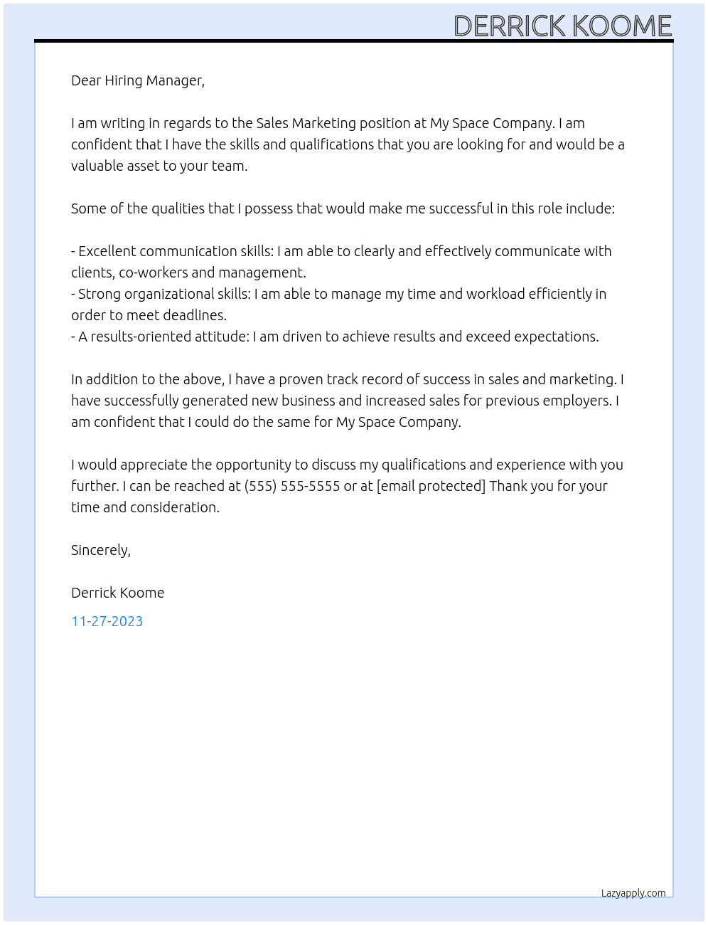 Sales marketing  At My space company  Cover Letter
