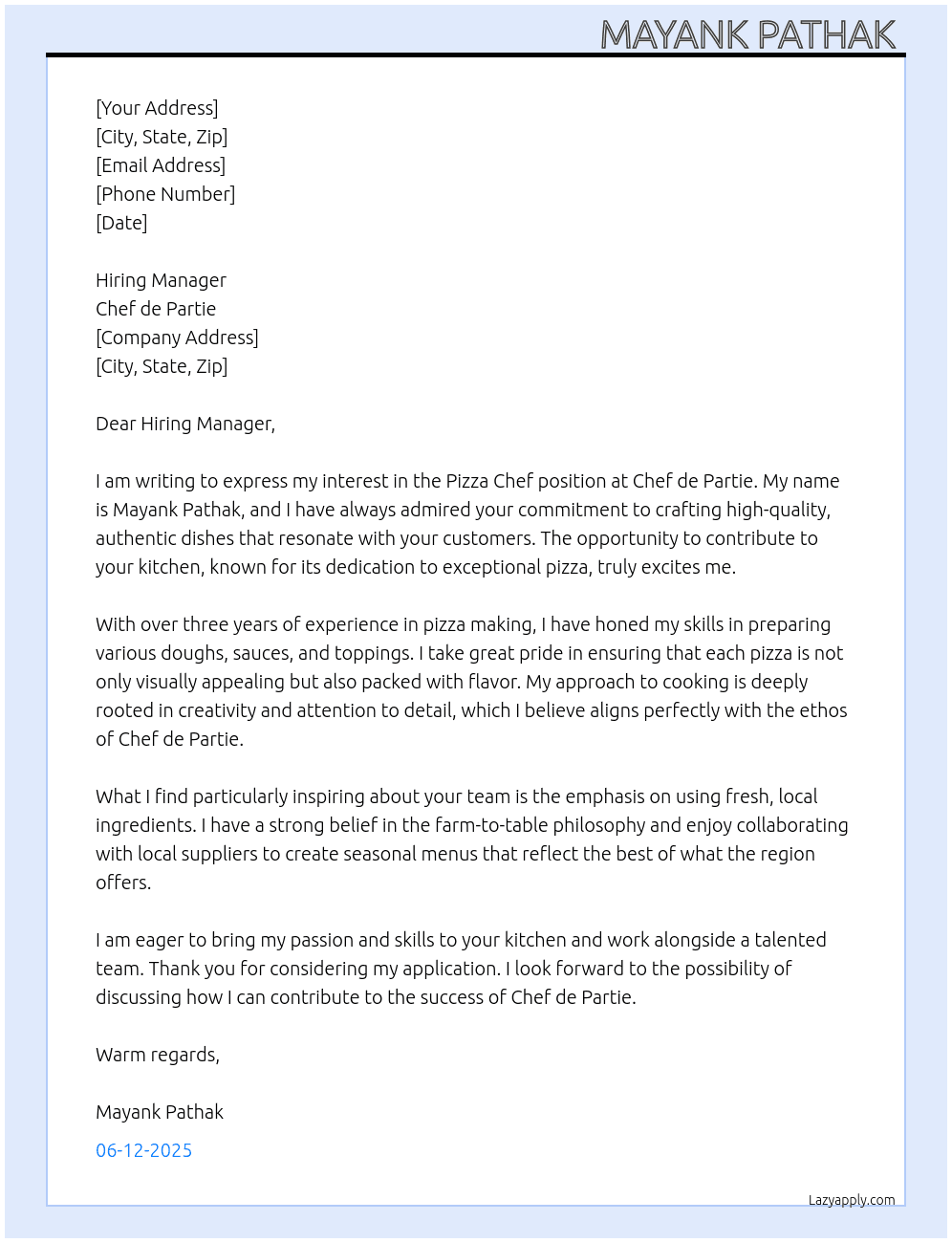 Pizza chef  At Chef de Partie Cover Letter