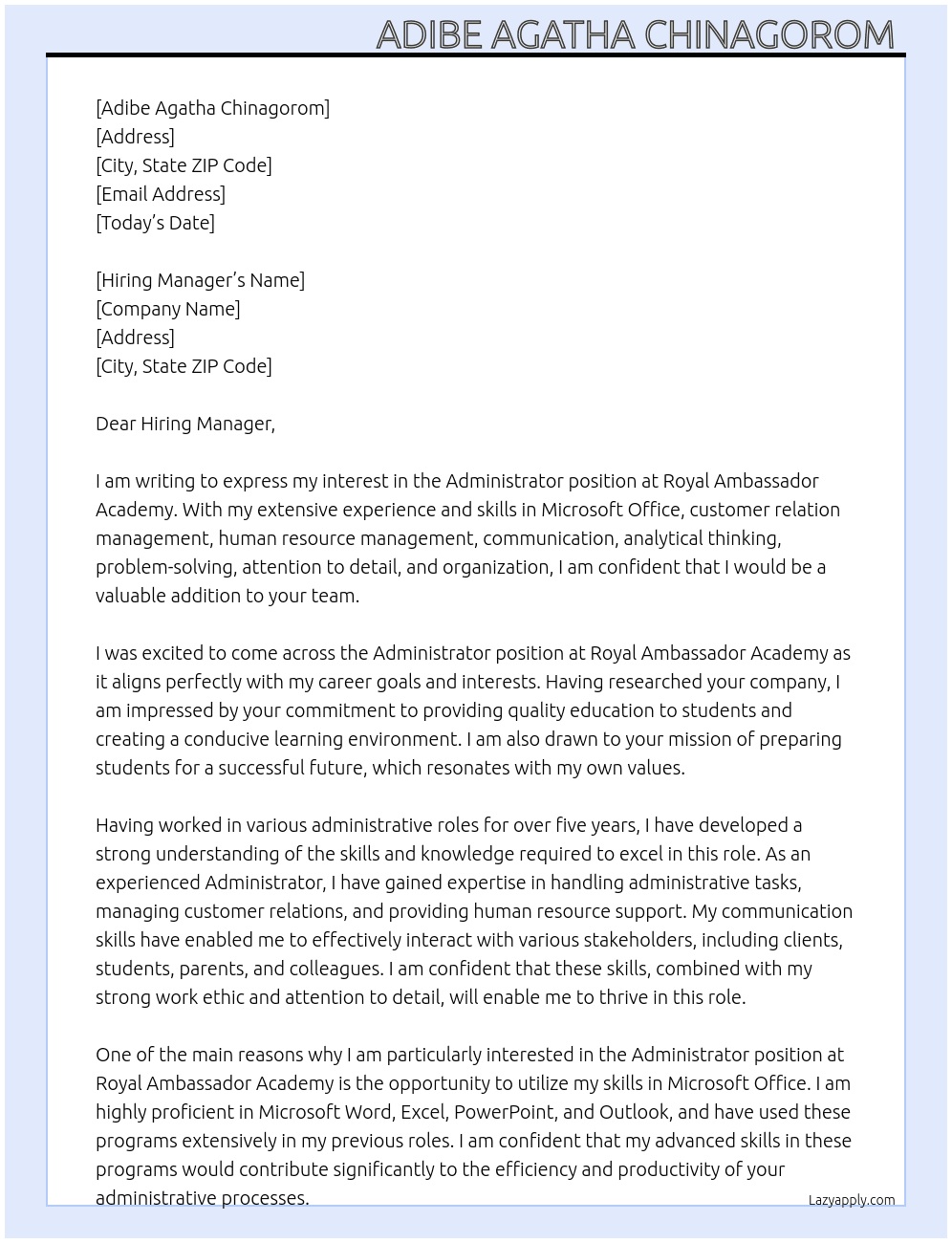 Administrator  At Royal Ambassador Academy  Cover Letter