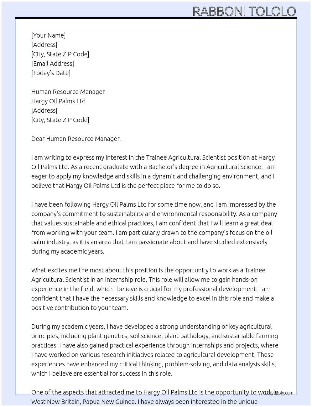 Trainee Agricultural Scientist At Hargy Oil Palms Ltd Cover Letter