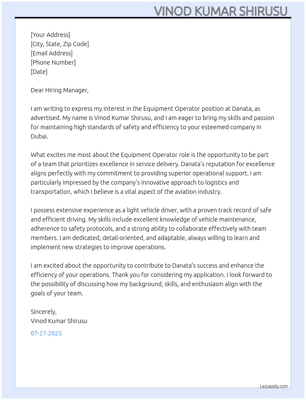 Equipment operator  At Danata  Cover Letter