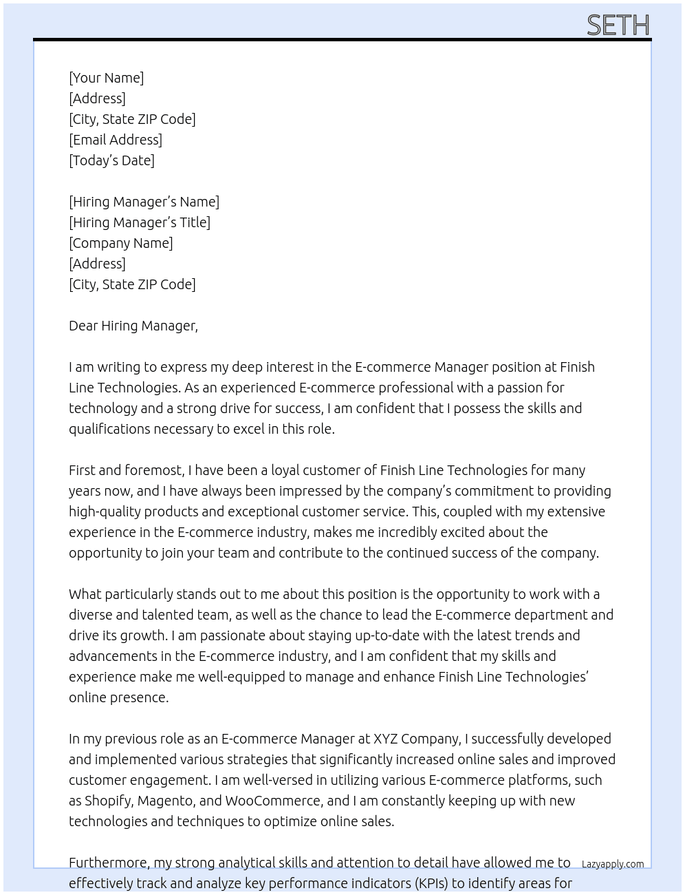 E-commerce Manager At Finish Line Technologies  Cover Letter