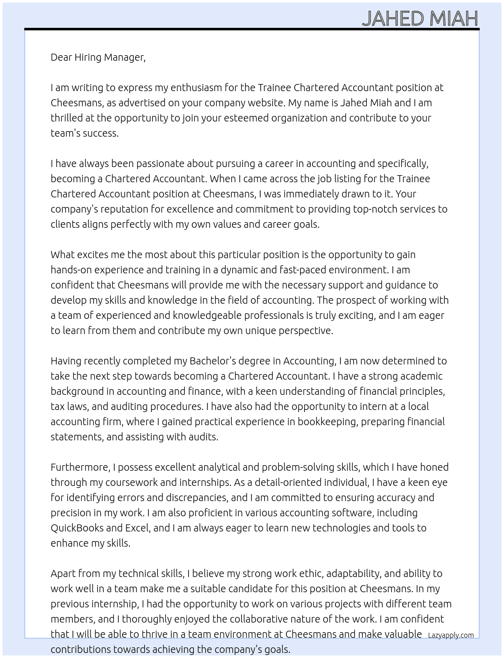 Trainee Chartered Accountant At Cheesmans Cover Letter