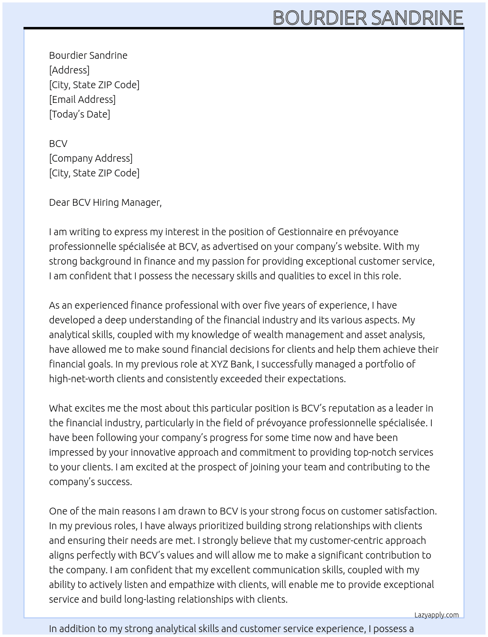 Gestionnaire en prévoyance professionnelle spécialisée At BCV Cover Letter