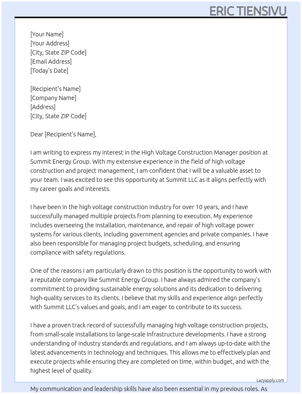 High Voltage Construction Manager At Summit Energy Group Cover Letter