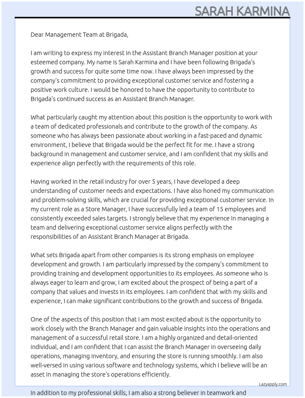 Assitance Branch Manager At brigada  Cover Letter