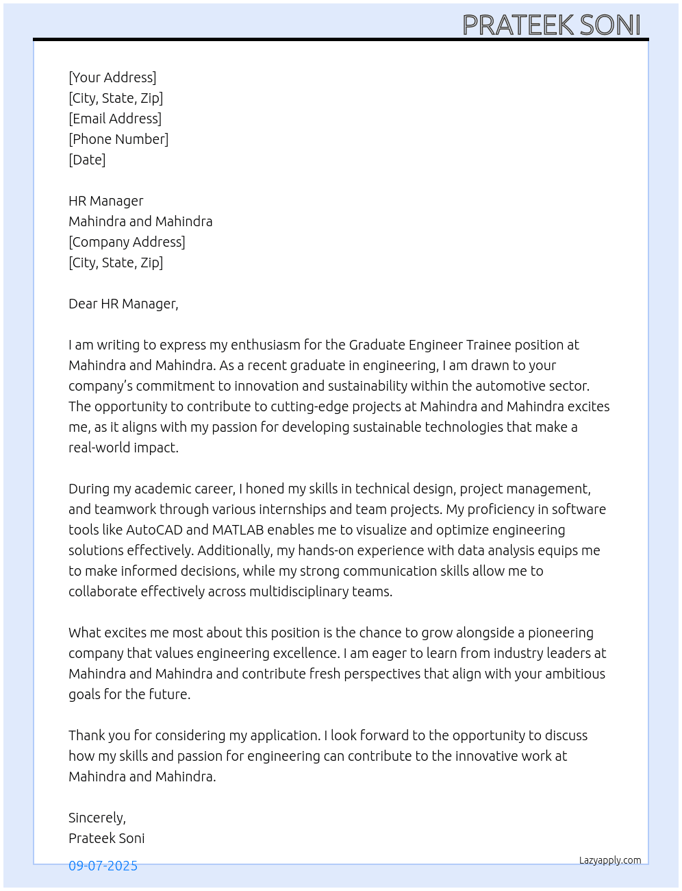 Graduate engineer trainee  At Mahindra and mahindra Cover Letter