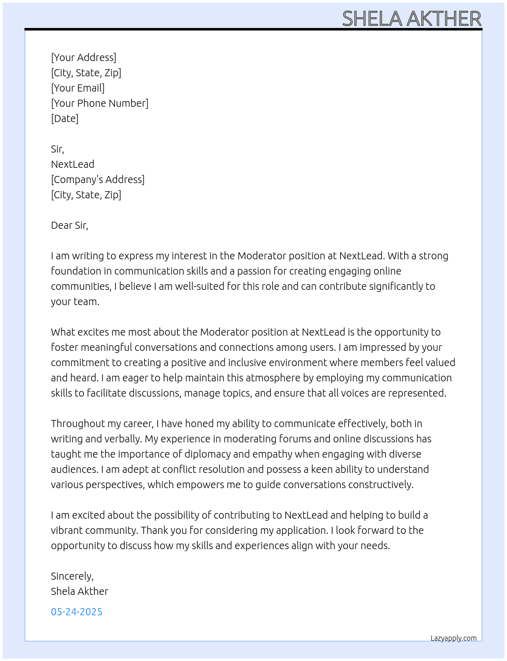 Cover letter for moderator - LazyApply