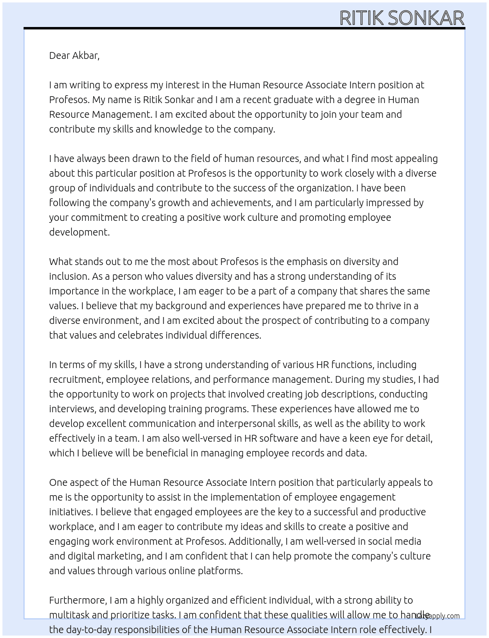Human Resource Associate Intern  At Profesos Cover Letter