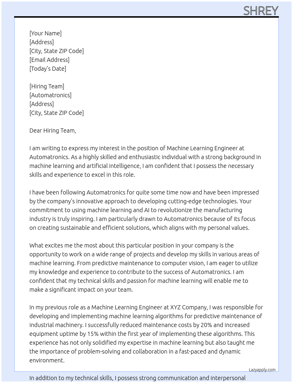 Machine Learning Engineer At Automatronics Cover Letter