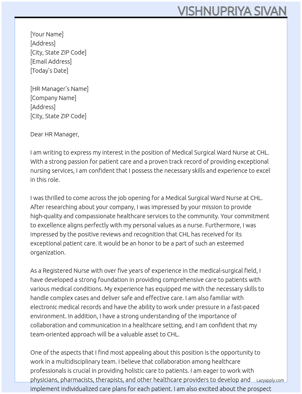 MEDICAL SURGICAL WARD NURSE At CHL Cover Letter