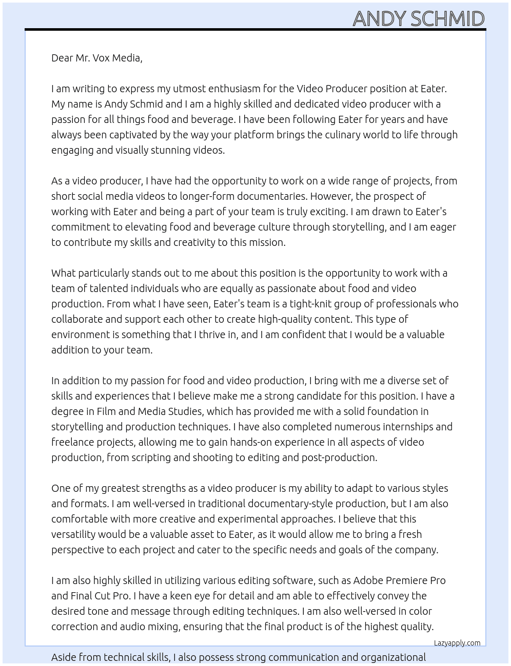 Video Producer At Eater Cover Letter