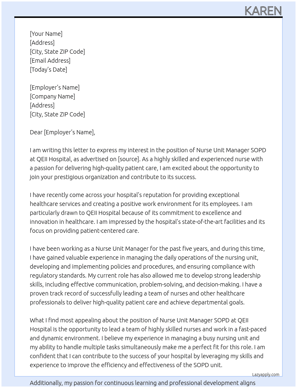 Nurse Unit Manager SOPD QEII Hospital At QEII Hospital Cover Letter