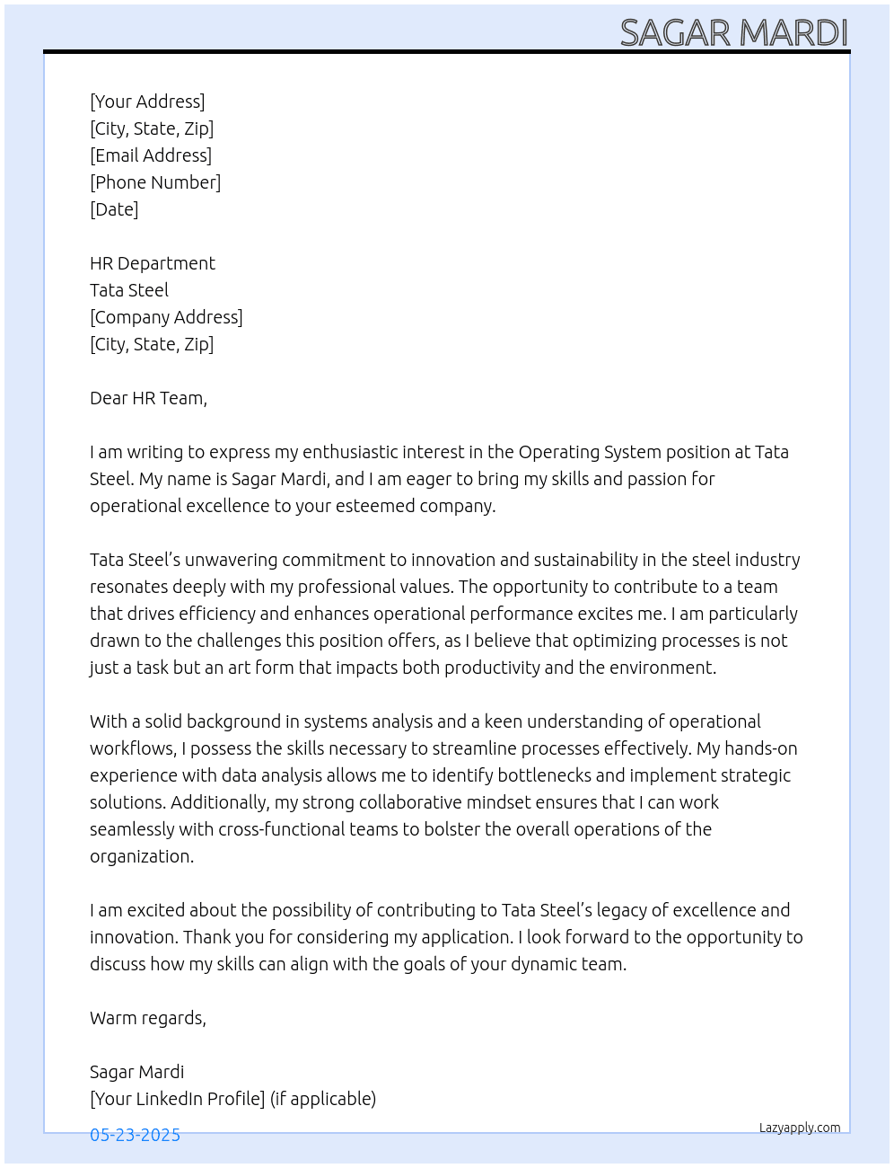 Cover letter for opreting system - LazyApply