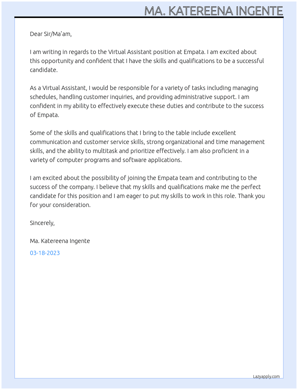 Virtual Assistant  At Empata Cover Letter
