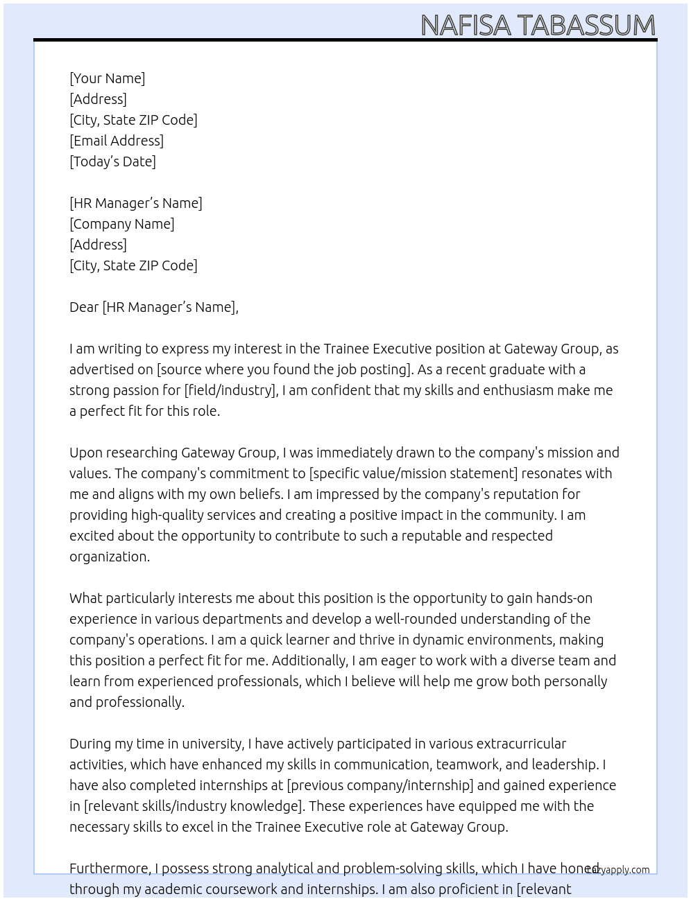 Trainee executive At gateway Group Cover Letter