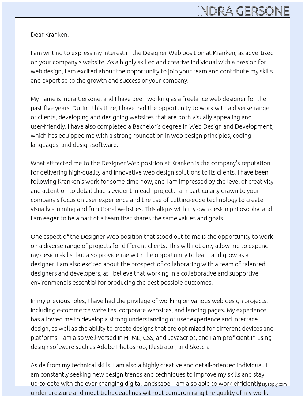 designer web At Kranken Cover Letter