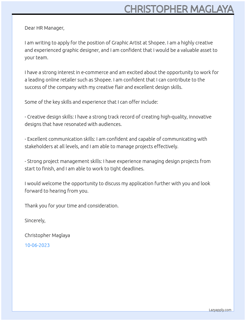 Graphic Artist At Shopee Cover Letter