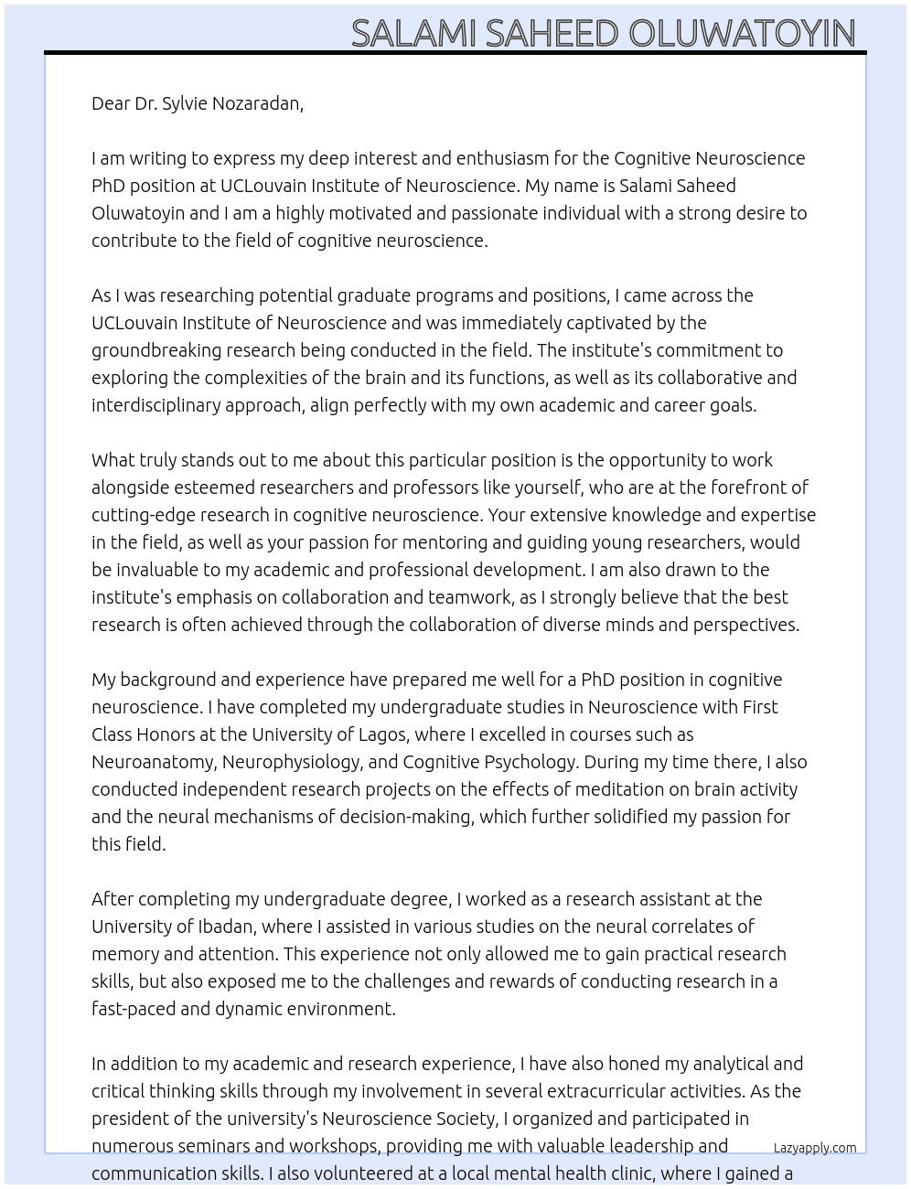 Cognitive neuroscience PhD position  At UCLouvain Institute of neuroscience Cover Letter