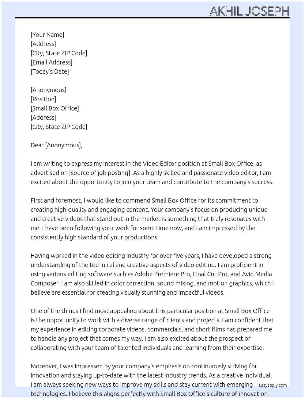 Video Editor At Small Box Office Cover Letter
