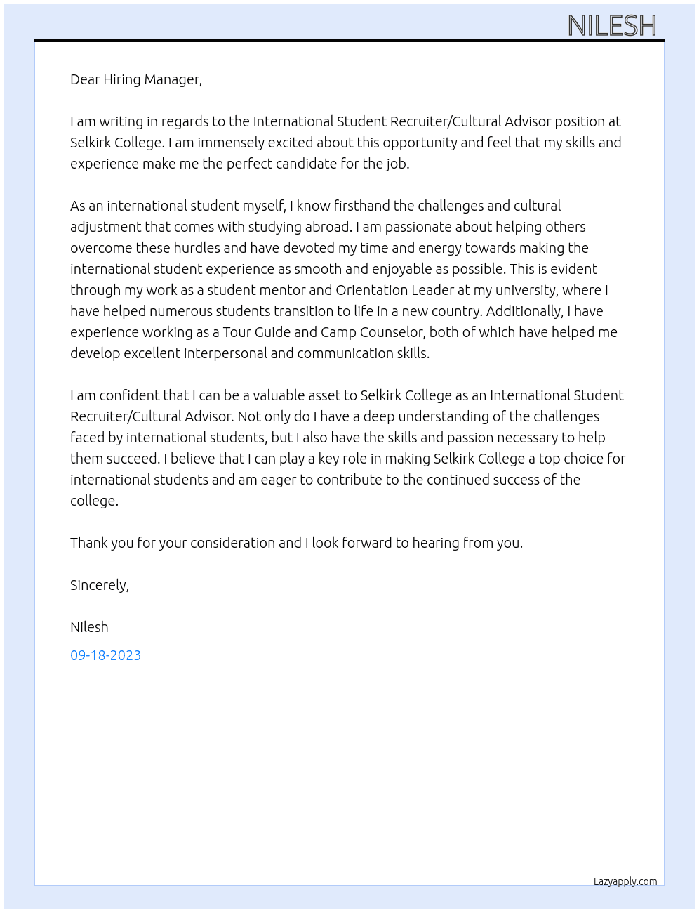 International Student Recruiter/Cultural Advisor At Selkirk College Cover Letter