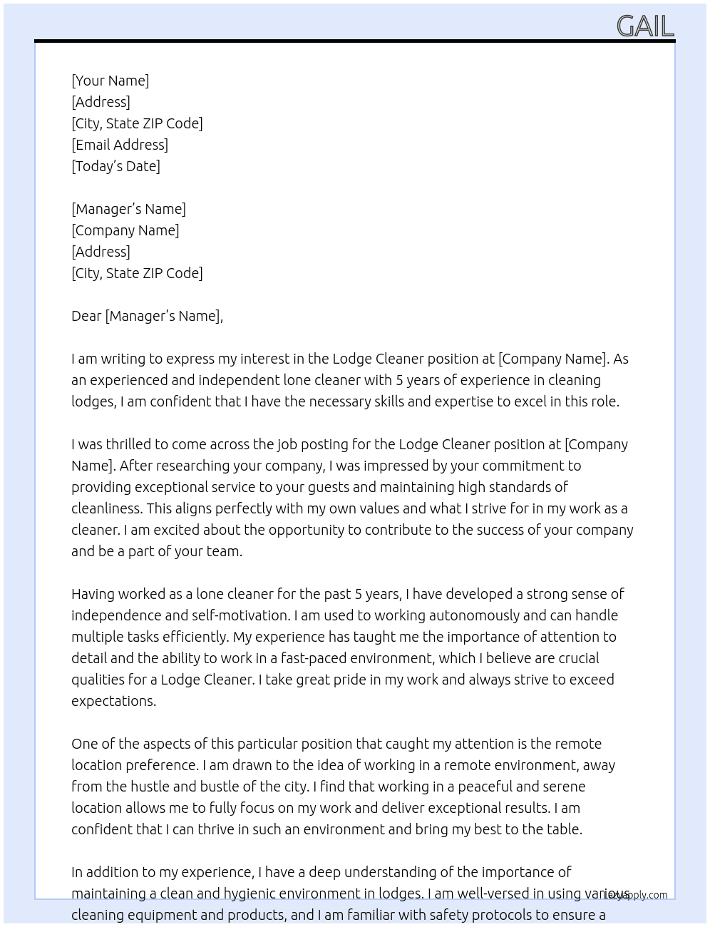 Lodge cleaner At Luss Cover Letter