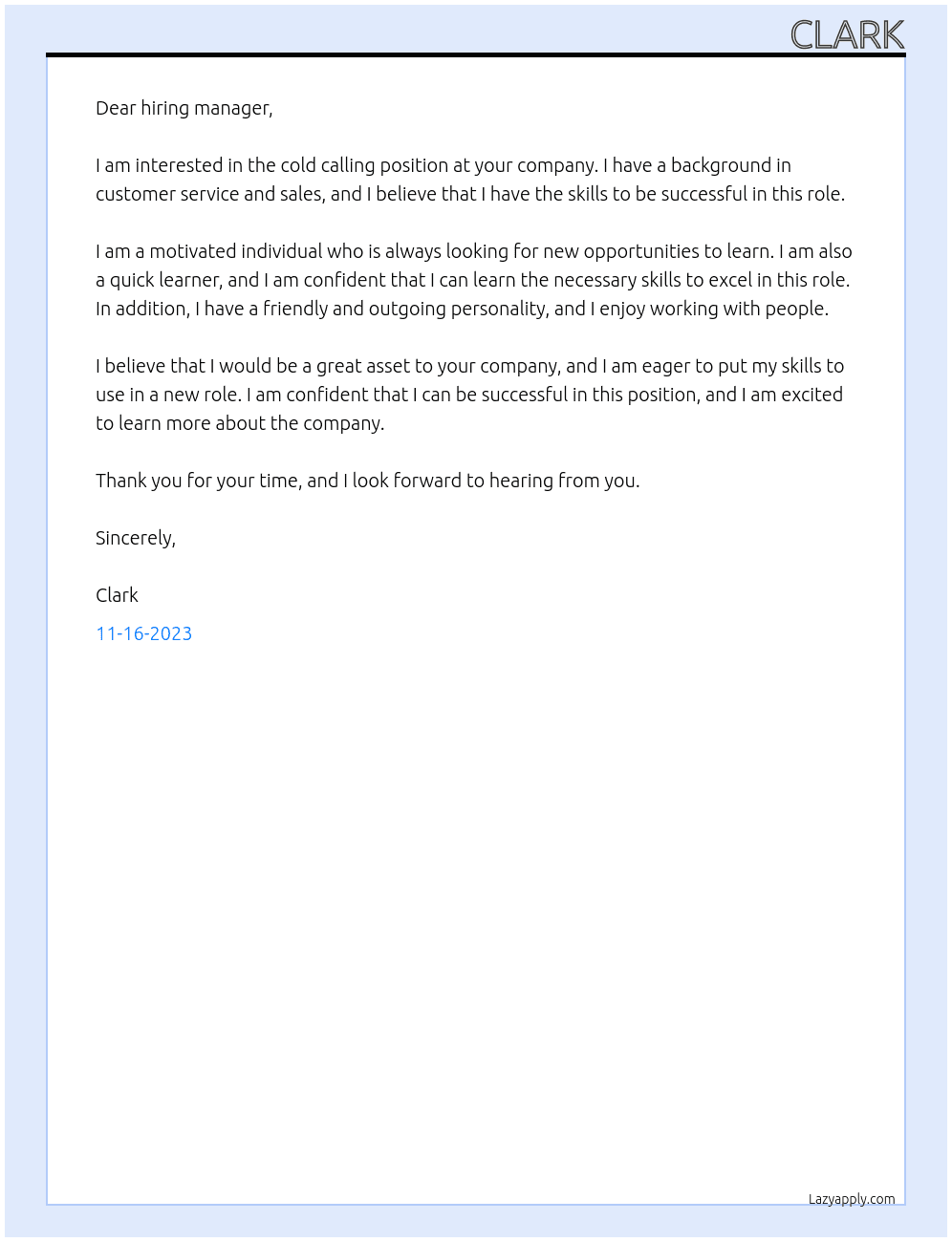 cold calling At your Cover Letter