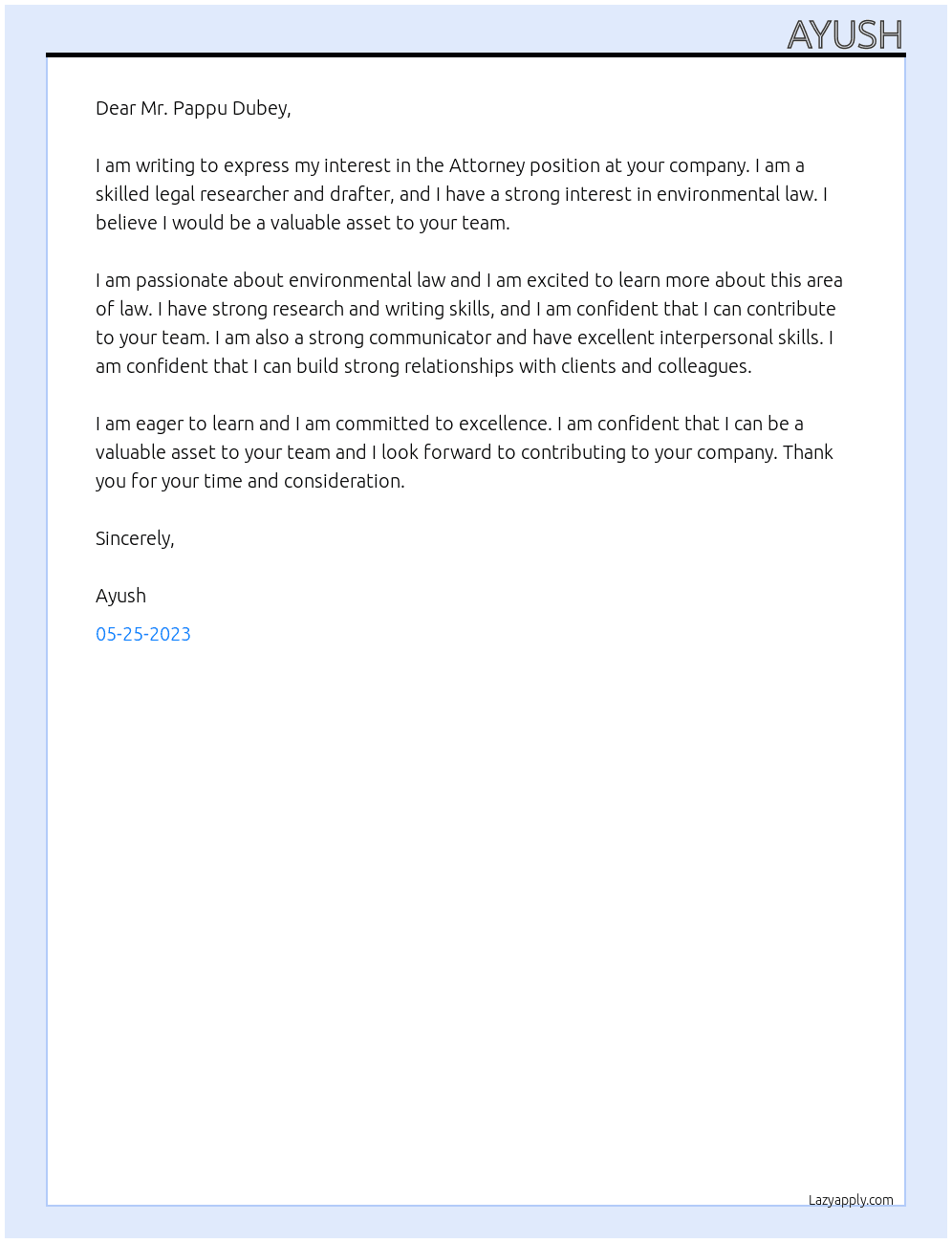 Attorny At Mr. Pappu Dubey Cover Letter
