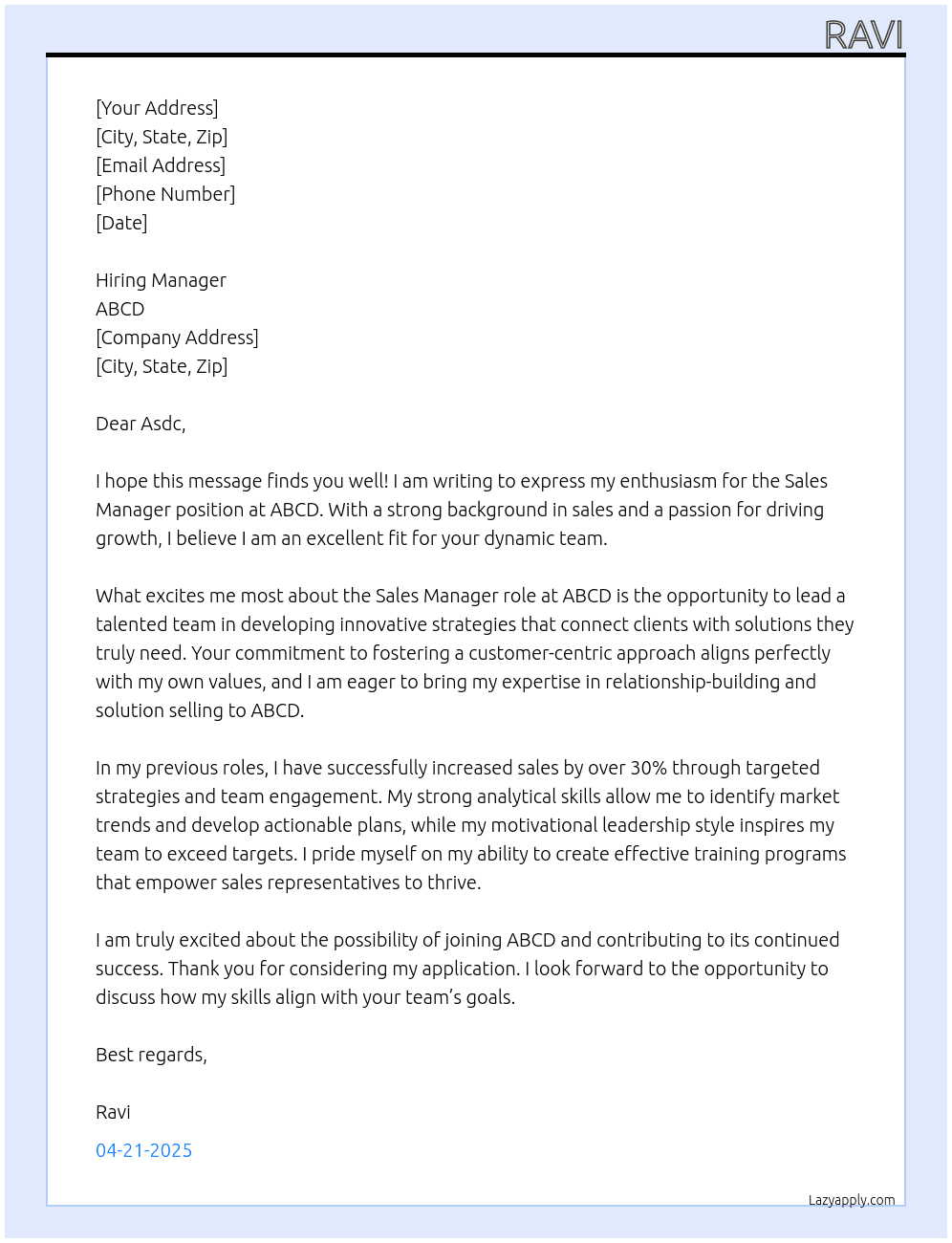 Sales manager At abcd Cover Letter