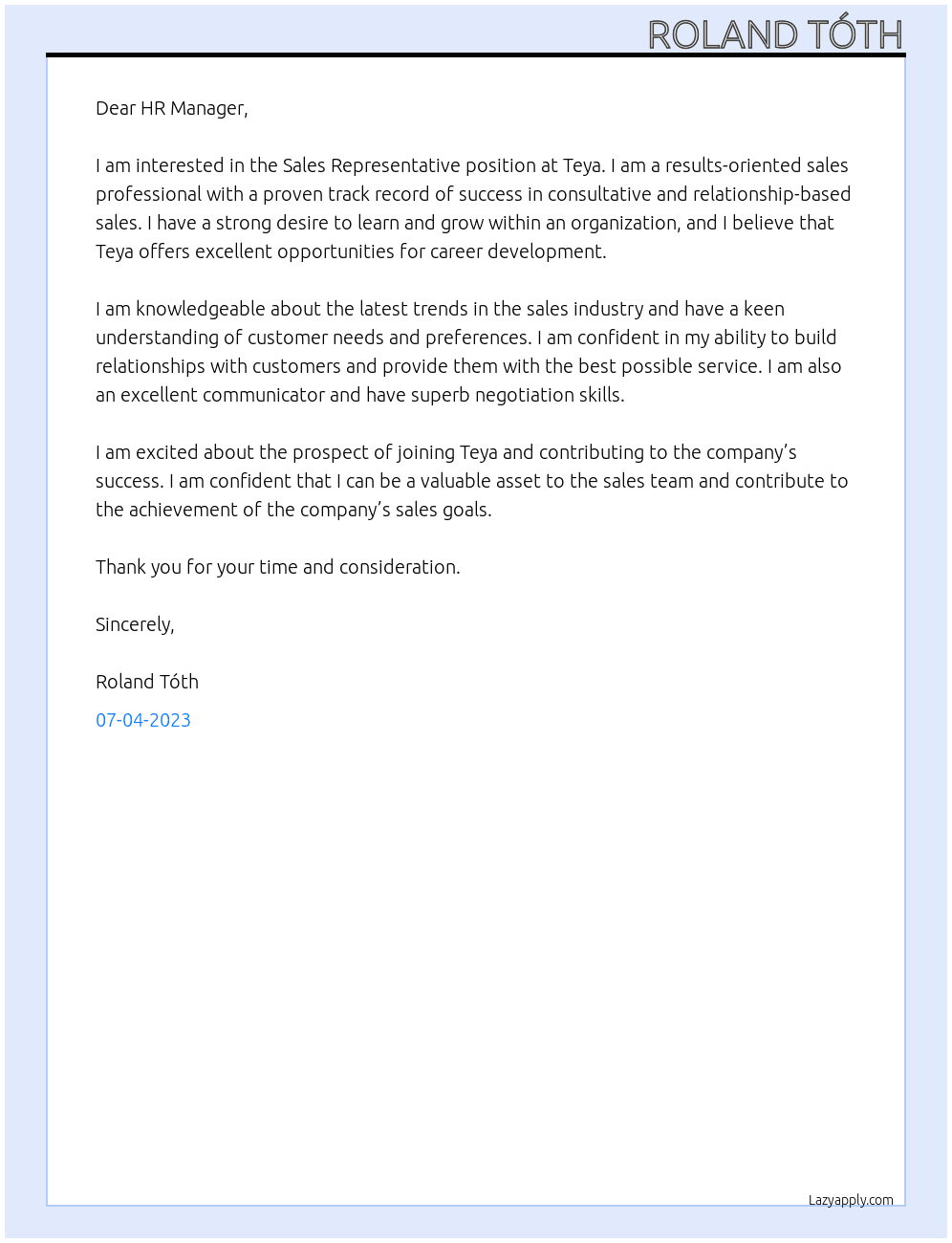 Sales Representative At Teya Cover Letter