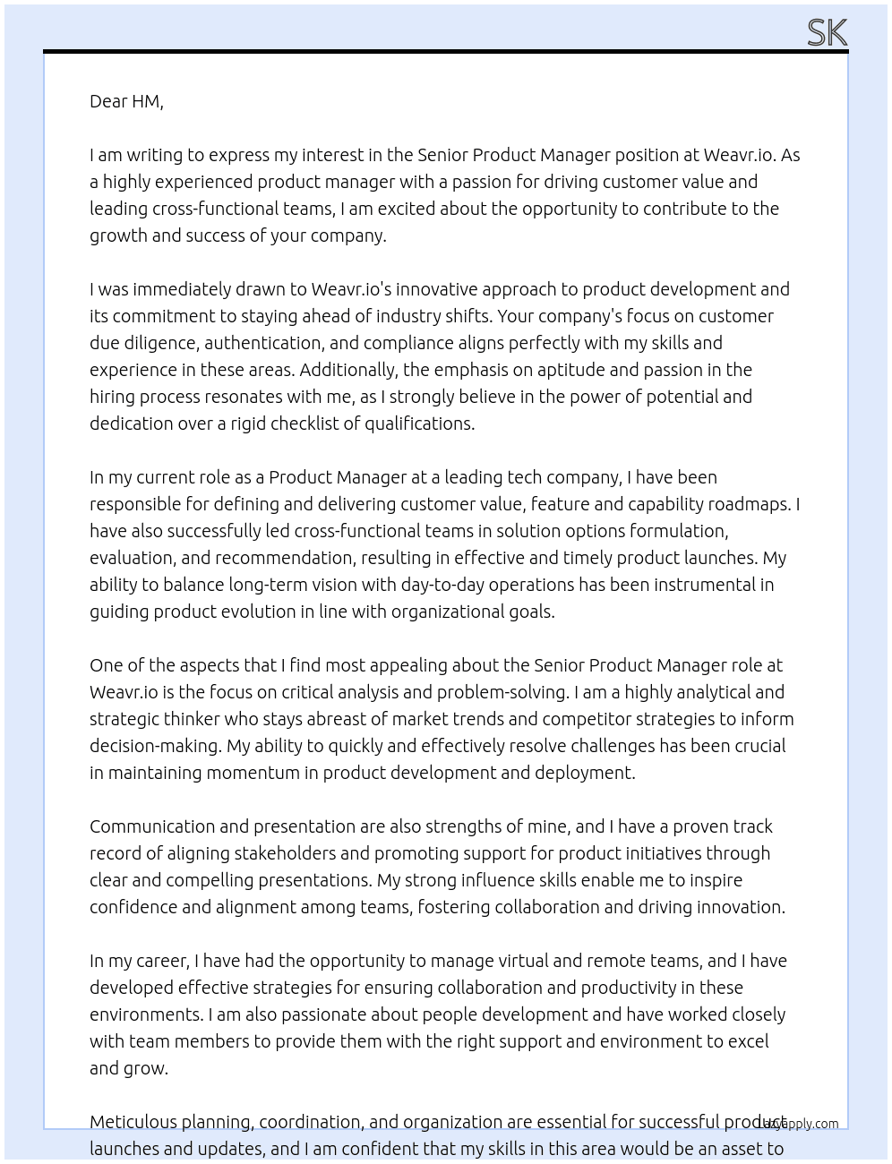Senior Product Manager At Weavr.io Cover Letter