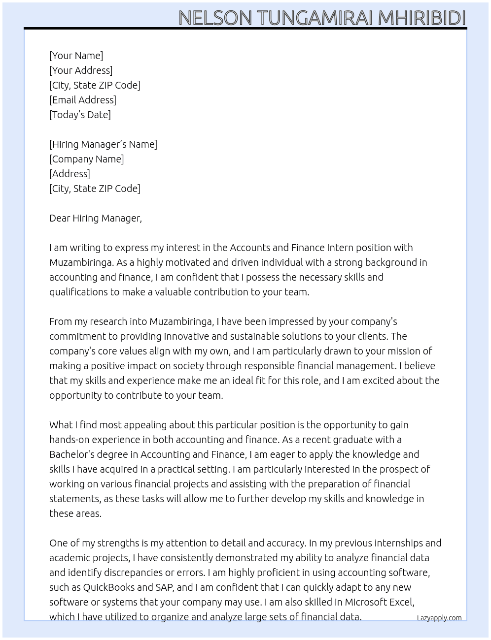 Accounts and Finance intern At Muzambiringa Cover Letter