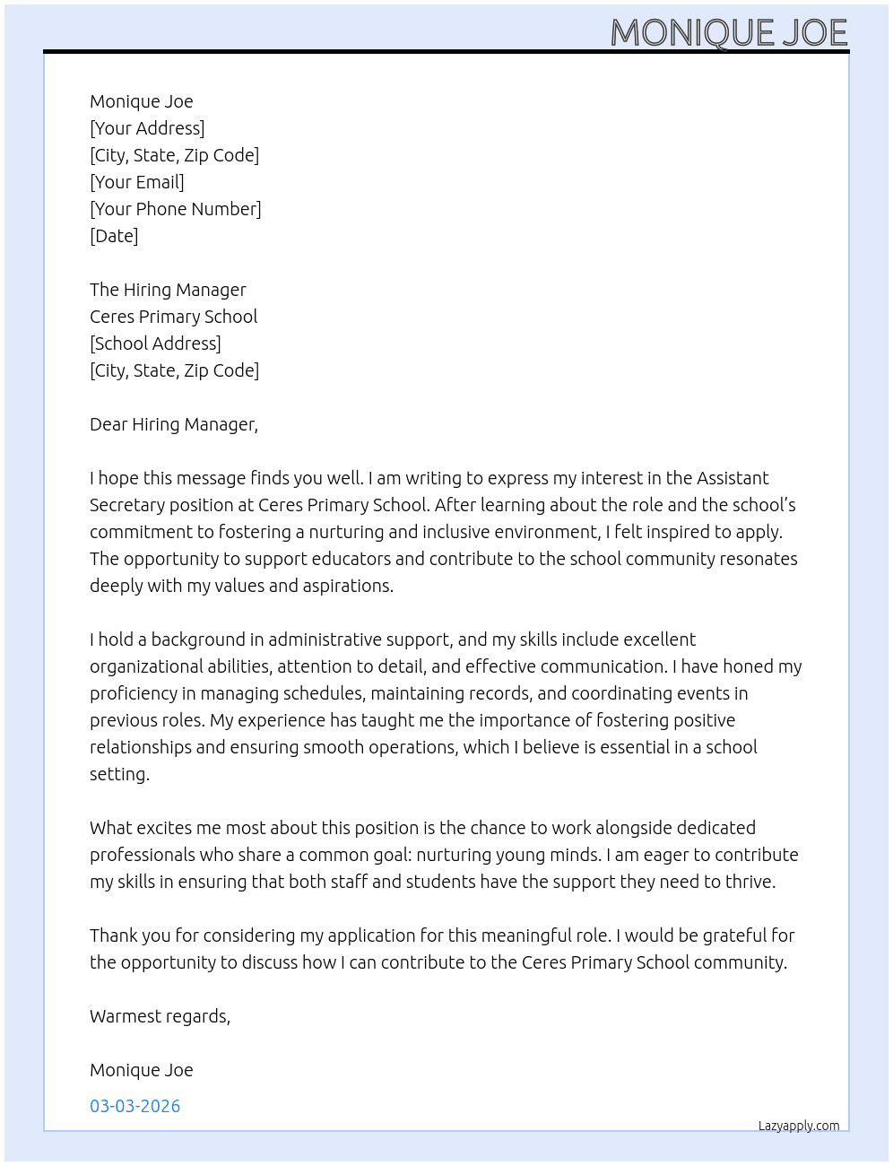 Cover letter for assistant secretary - LazyApply