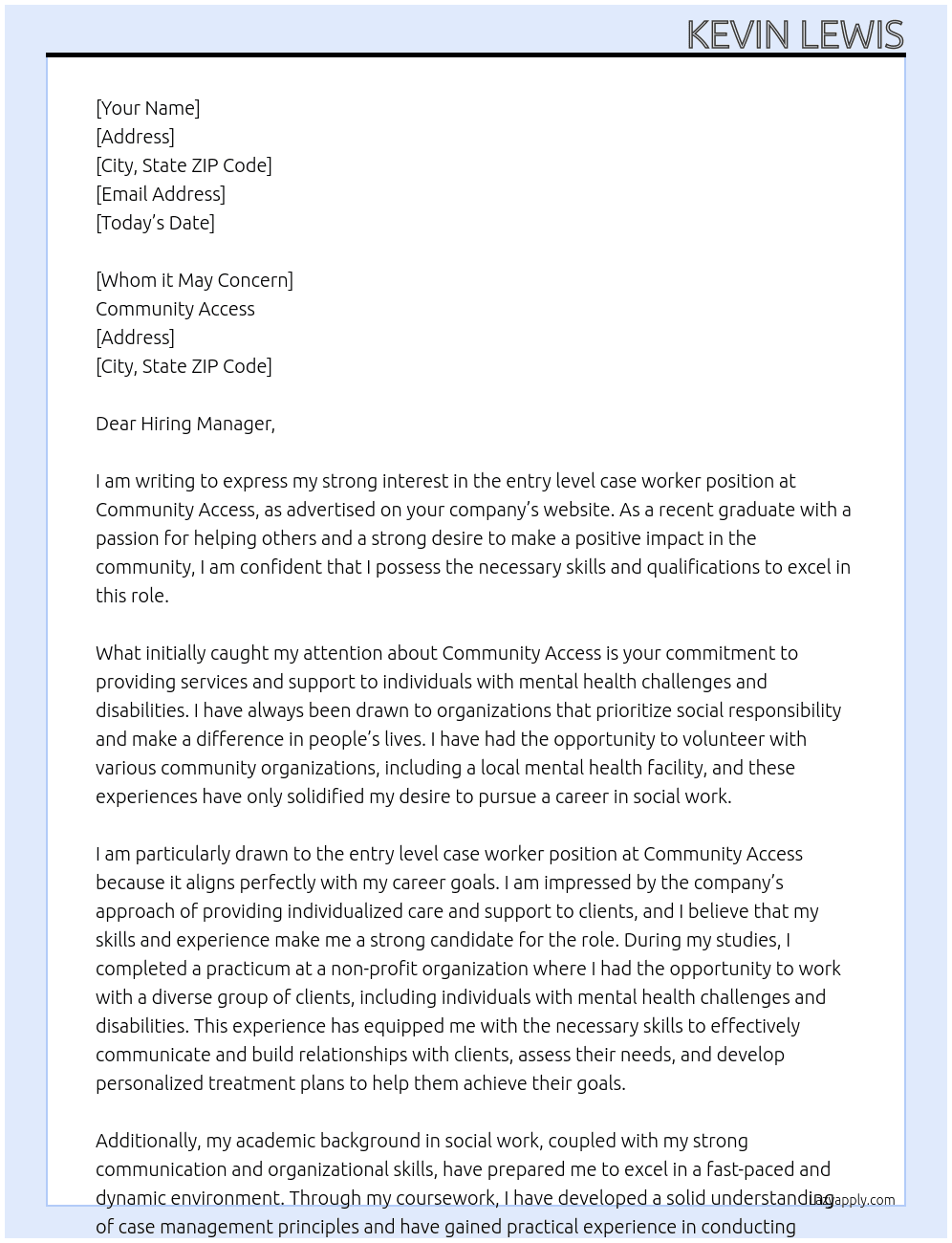 entry level case worker At Community Access Cover Letter