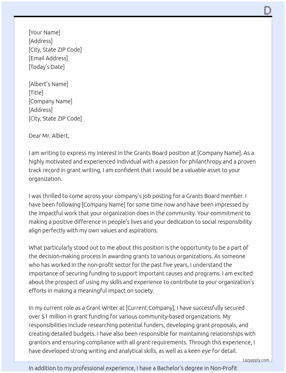 Grants board At whereever Cover Letter