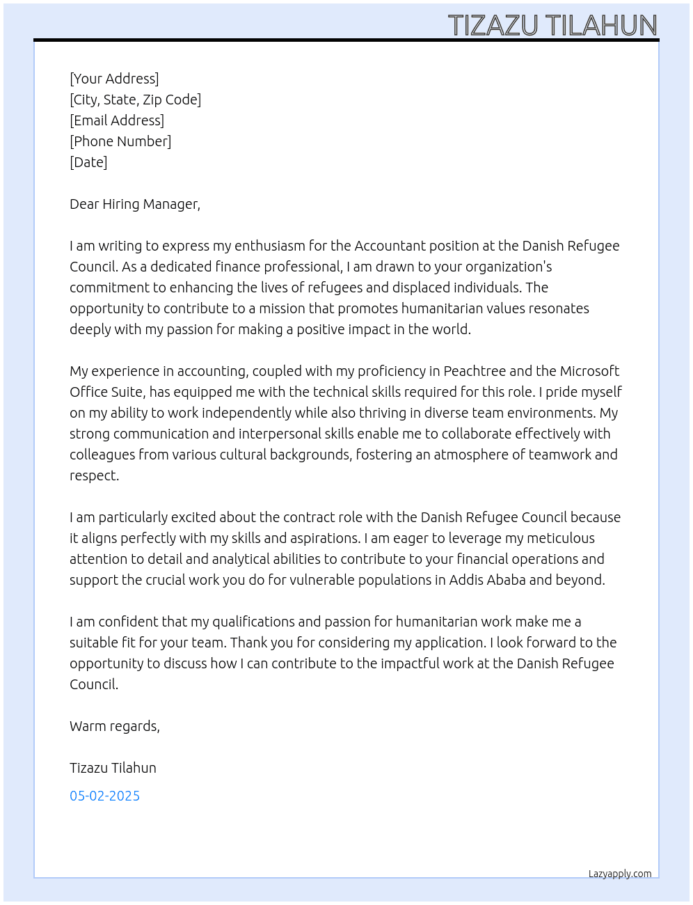 Accountant At Danish Refugee Council’s Cover Letter