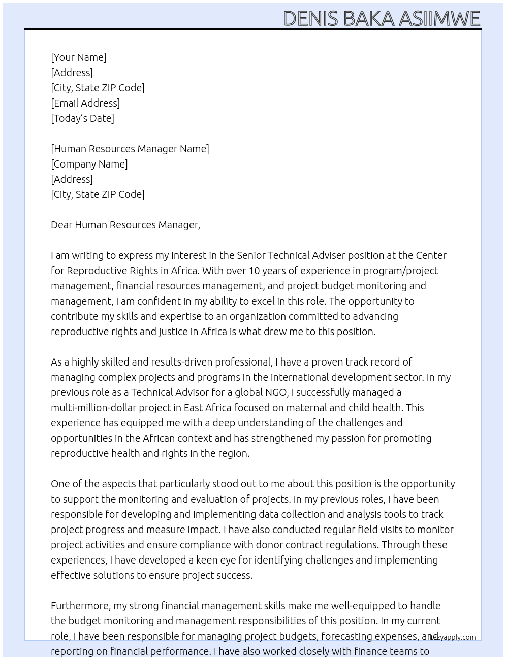 Senior Technical Adviser, Africa At Center for Reproductive Rights  Cover Letter