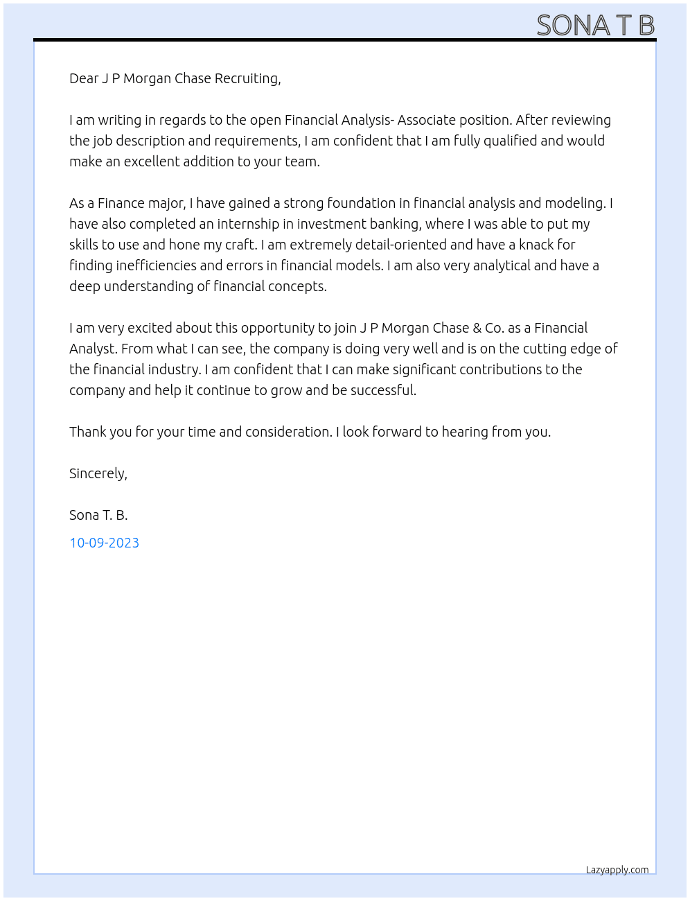 Financial Analysis- Associate At J P Morgan Chase& Co Cover Letter