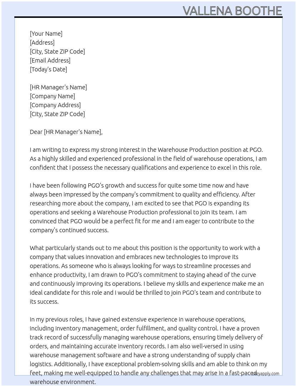 Warehouse Production  At PGO Cover Letter
