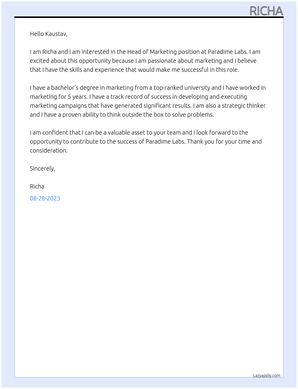 Head of Marketing At Paradime Labs Cover Letter