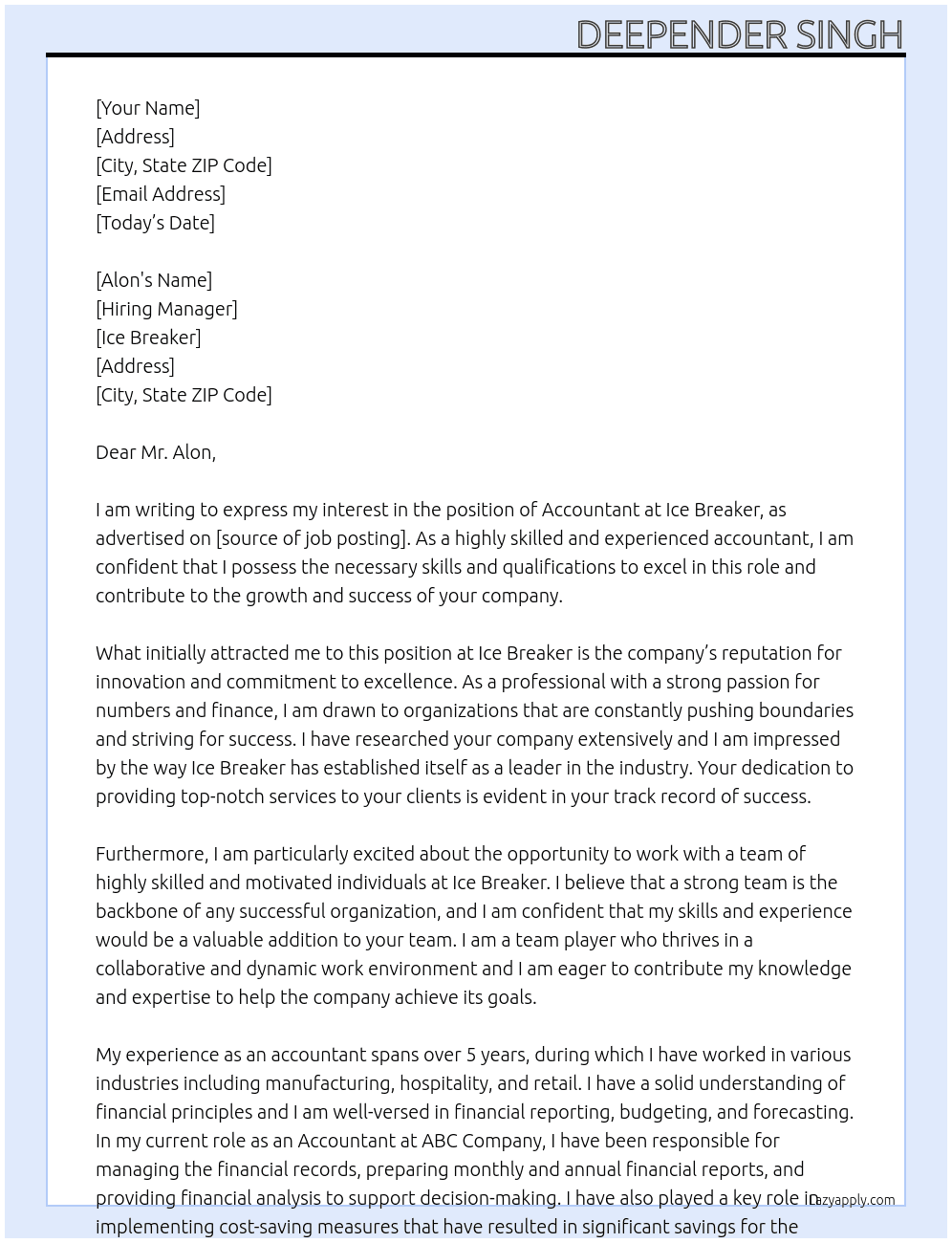Accountant At Ice breaker Cover Letter
